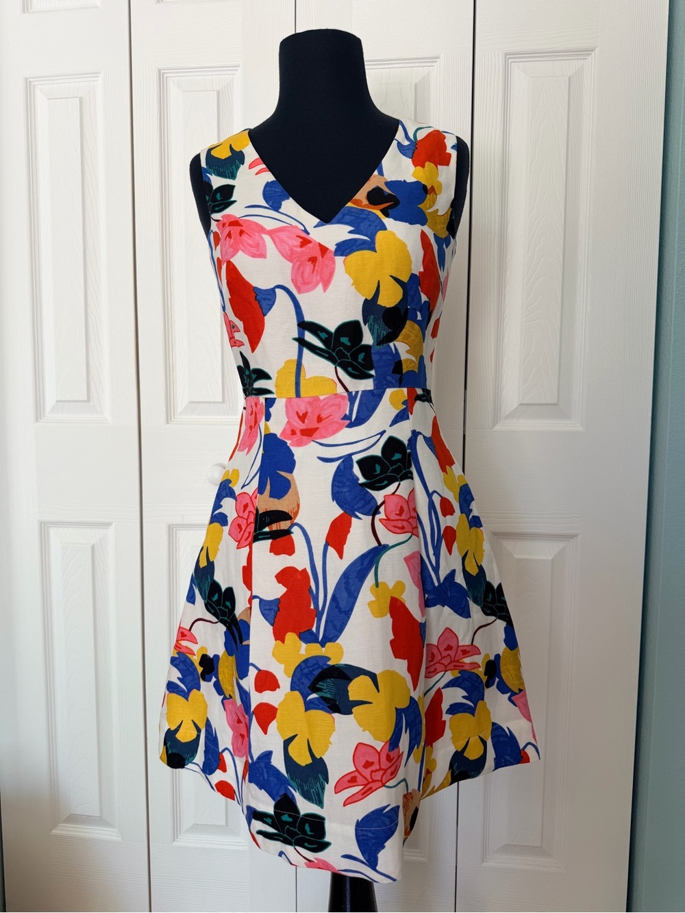J. Crew Colorful Vibrant Floral Linen Blend V-Neck Petite Dress